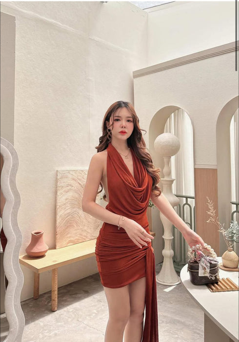Cowl Neck Line Backless Mini Body con Dress